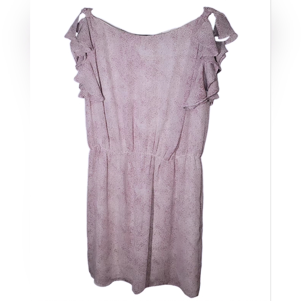 ANN TAYLOR LOFT 10 White Purple Spotted Chiffon Blouson Dress Flutter Sleeve